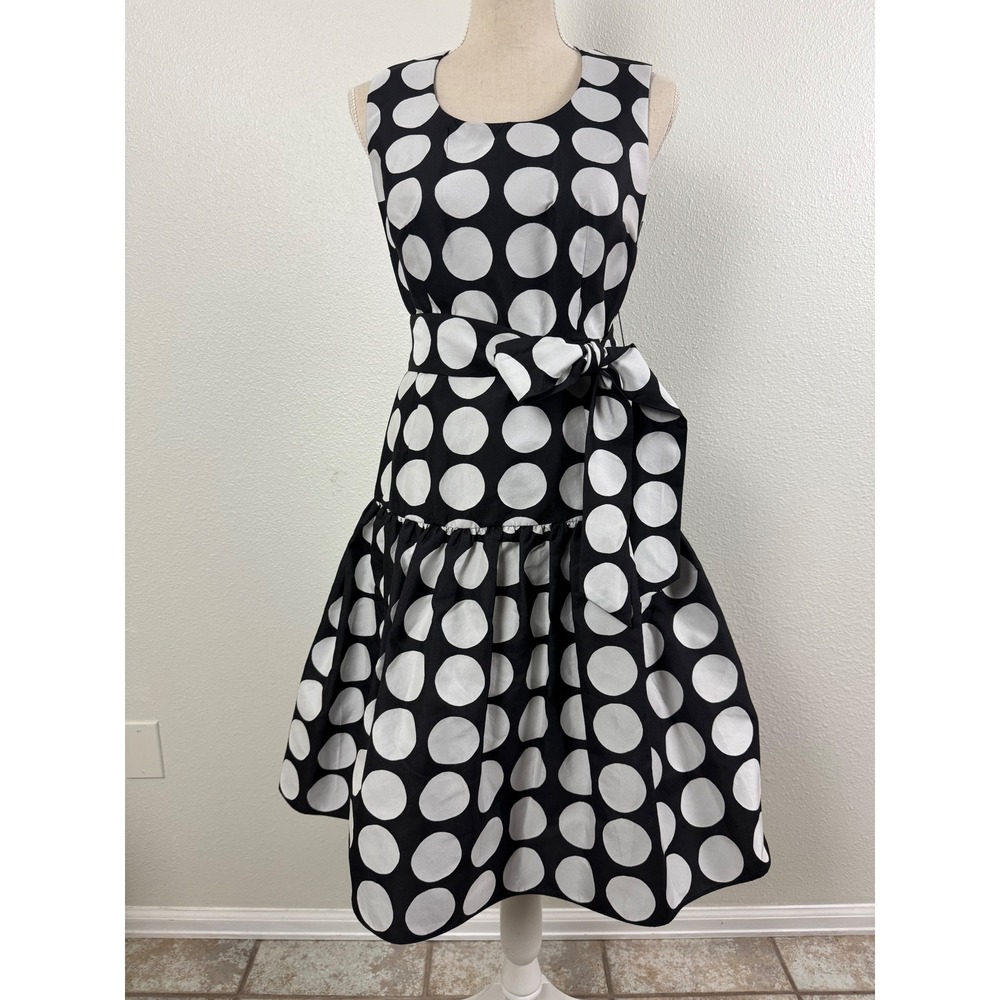 Kate Spade Dress Womens 8 Black Julia Art Dot Jacquard Taffeta Midi Fit & Flare